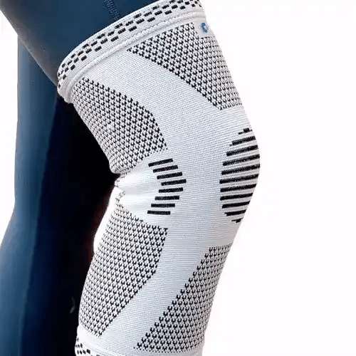 "Orthopädische Kompressions-Kniestütze; schwarz mit blauem Design, bietet Gelenkunterstützung und Entlastung bei Kniebeschwer