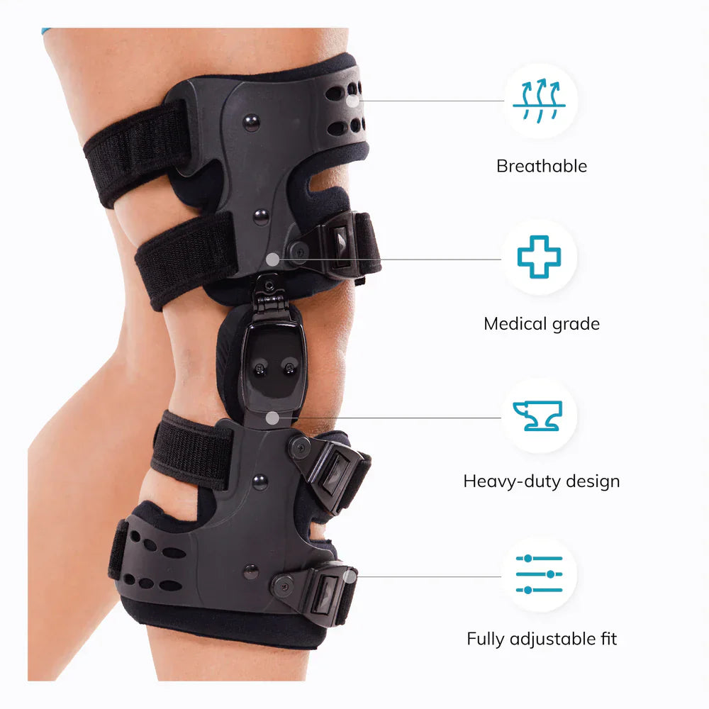 Orthopädische OA-Entlastungs-Knieschiene für mediale/laterale Unterstützung, ideal bei Arthrose, anpassbar und komfortabel.