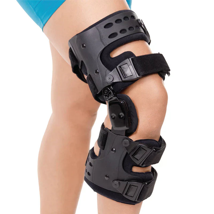 Orthopädische OA-Entlastungs-Knieschiene für mediale/laterale Unterstützung, ideal bei Arthrose, anpassbar und komfortabel.