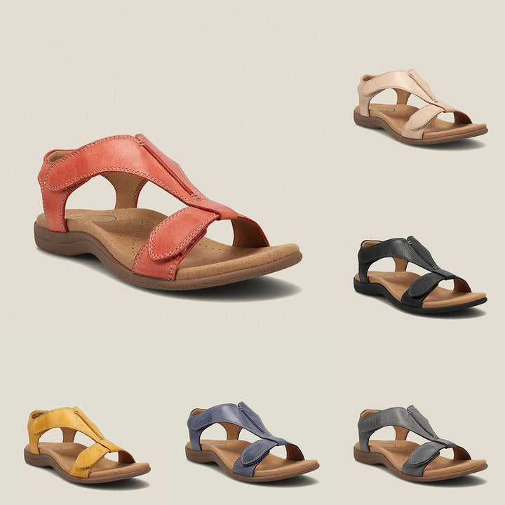 Orthopädische Sandalen für Damen, T-Riemen-Design in Beige, Blau, Gelb, Grau, Orange, Schwarz mit Memory-Schaum-Sohle.