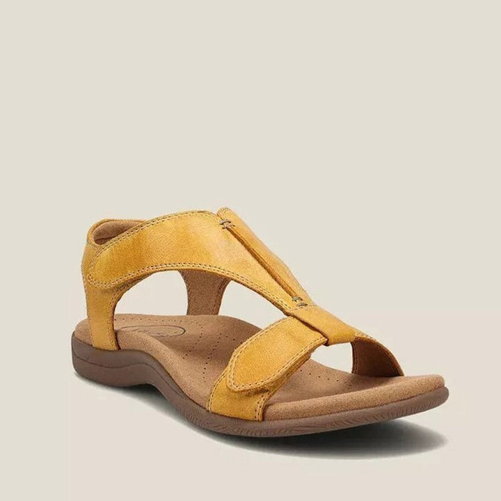 Orthopädische Sandalen für Damen, T-Riemen-Design in Beige, Blau, Gelb, Grau, Orange, Schwarz mit Memory-Schaum-Sohle.