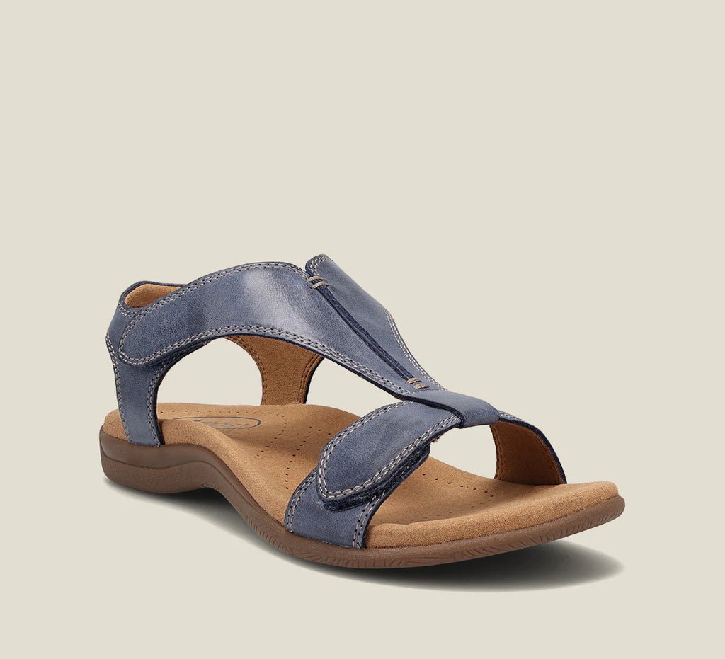 Orthopädische Sandalen für Damen, T-Riemen-Design in Beige, Blau, Gelb, Grau, Orange, Schwarz mit Memory-Schaum-Sohle.
