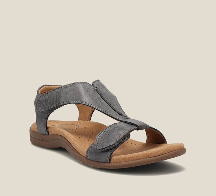 Orthopädische Sandalen für Damen, T-Riemen-Design in Beige, Blau, Gelb, Grau, Orange, Schwarz mit Memory-Schaum-Sohle.