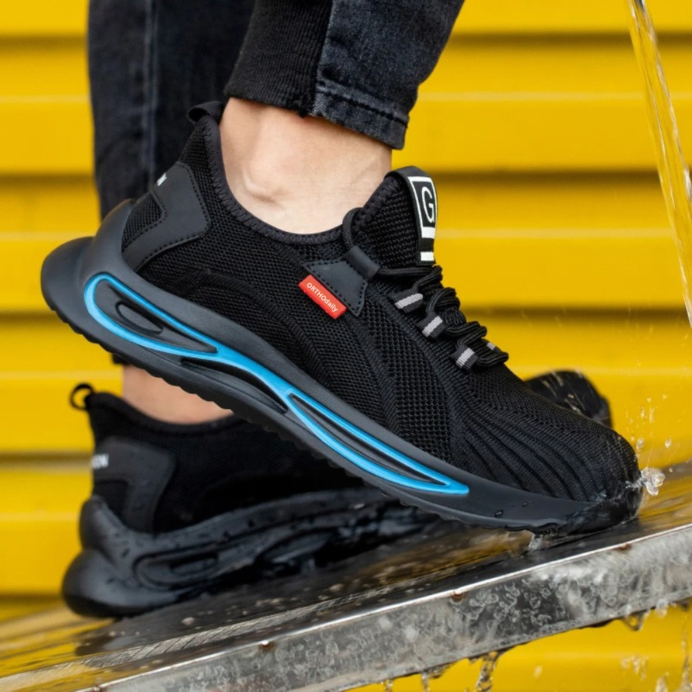 "Orthopädische schwarz-blaue Sicherheitsschuhe mit Stahlkappe, ideal für täglichen Schutz und Komfort."