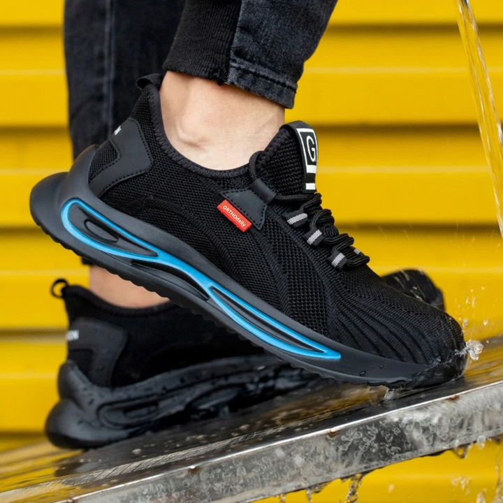 "Orthopädische schwarz-blaue Sicherheitsschuhe mit Stahlkappe, ideal für täglichen Schutz und Komfort."
