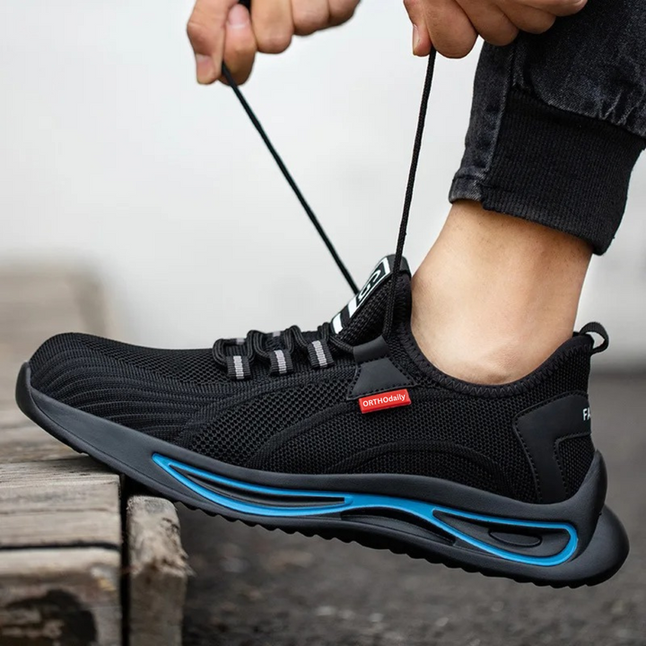 "Orthopädische schwarz-blaue Sicherheitsschuhe mit Stahlkappe, ideal für täglichen Schutz und Komfort."
