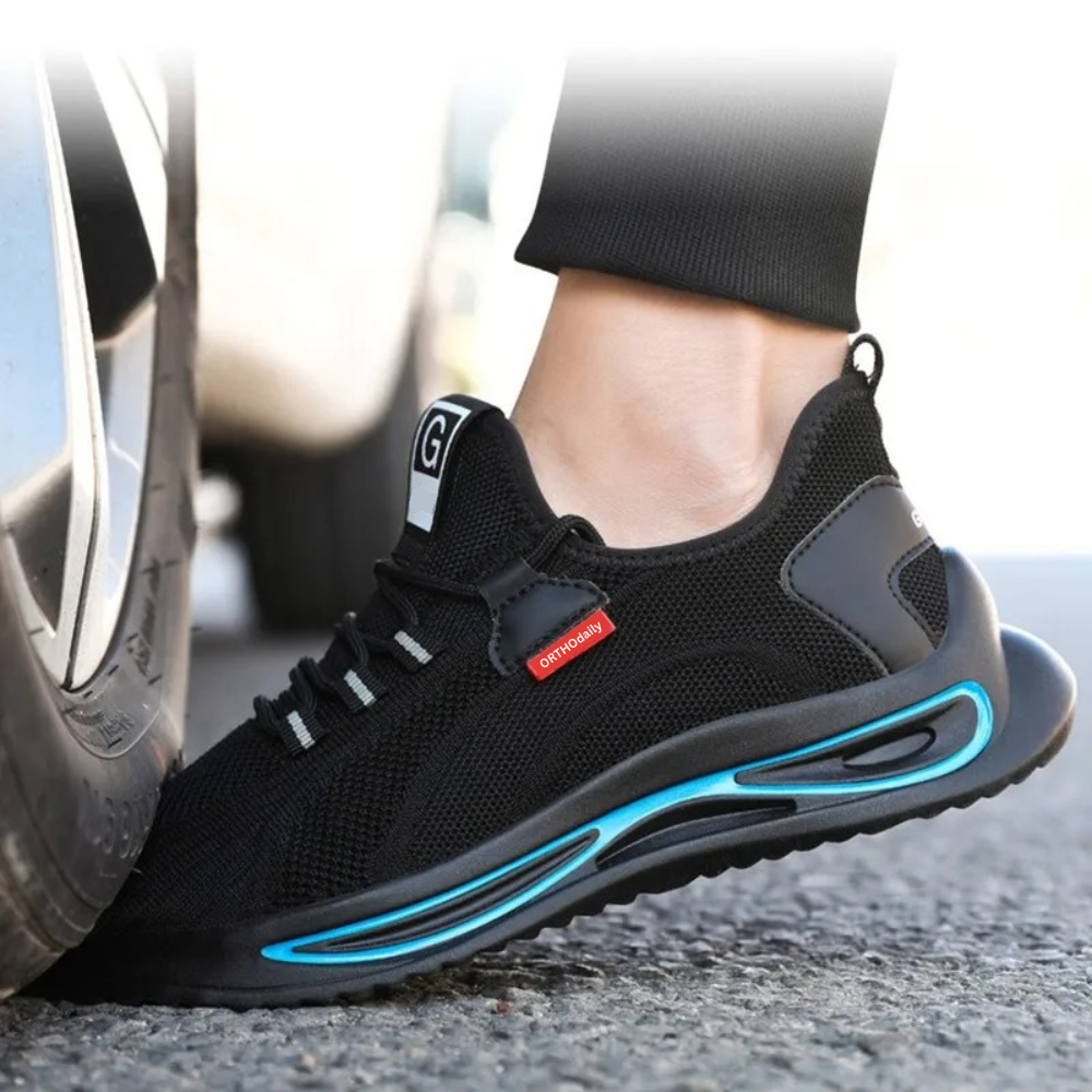 "Orthopädische schwarz-blaue Sicherheitsschuhe mit Stahlkappe, ideal für täglichen Schutz und Komfort."