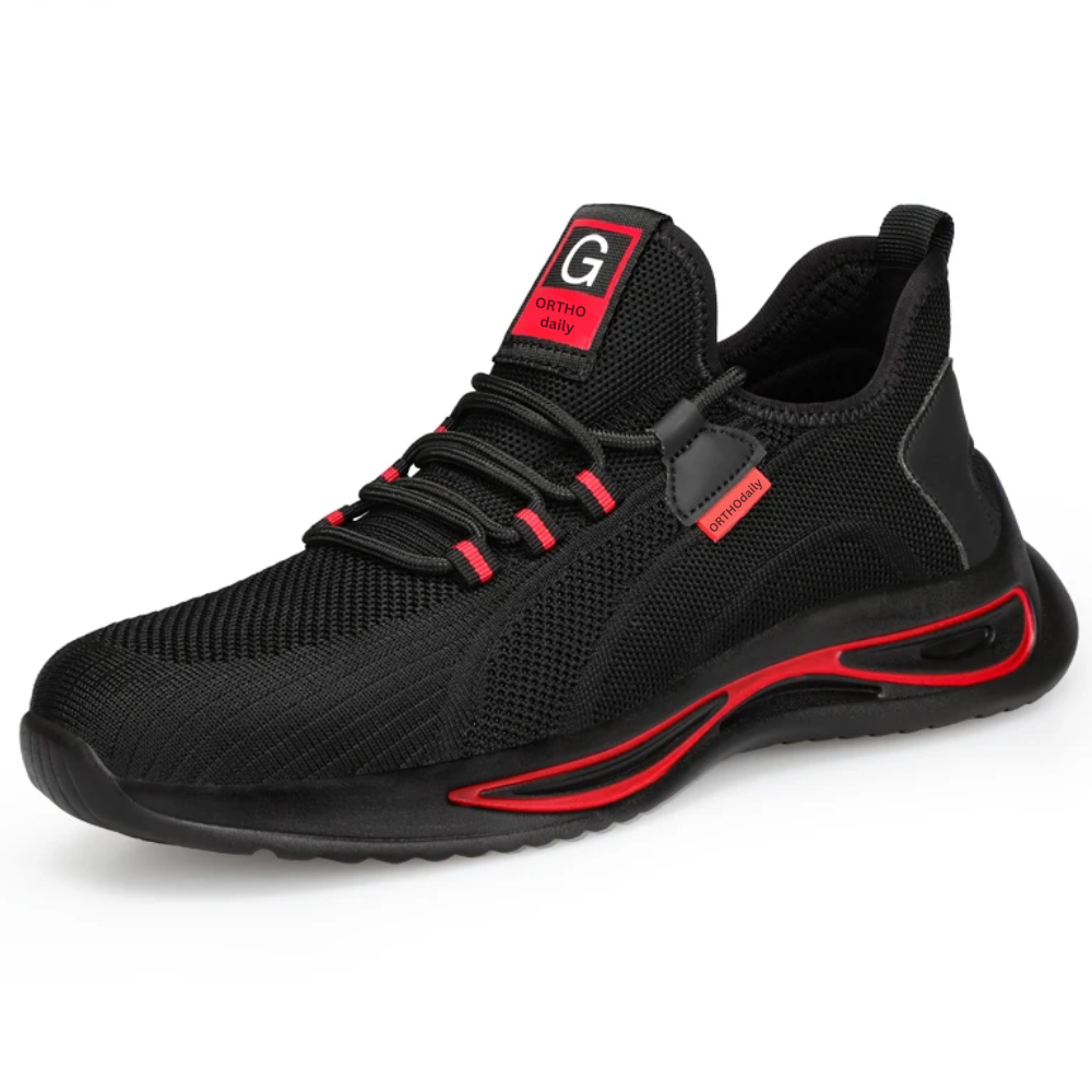 "Orthopädische schwarz-blaue Sicherheitsschuhe mit Stahlkappe, ideal für täglichen Schutz und Komfort."