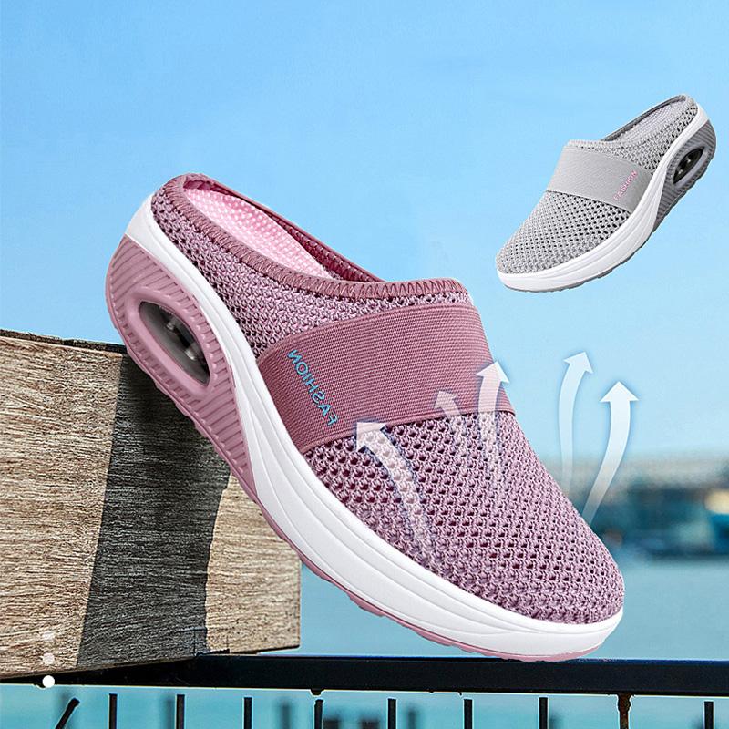 "Orthopädische Slipper für Diabetiker, atmungsaktives Mesh, luftkissen-gepolstert, runde Zehenpartie, rutschfeste Sohle."