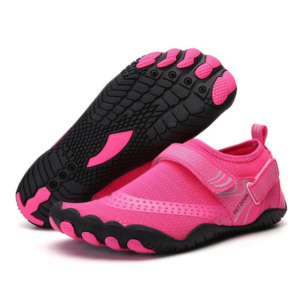 "Orthopädische wasserdichte Barfußschuhe für Damen, Komfort & Stabilität, in Blau, ideal für Outdoor-Aktivitäten."