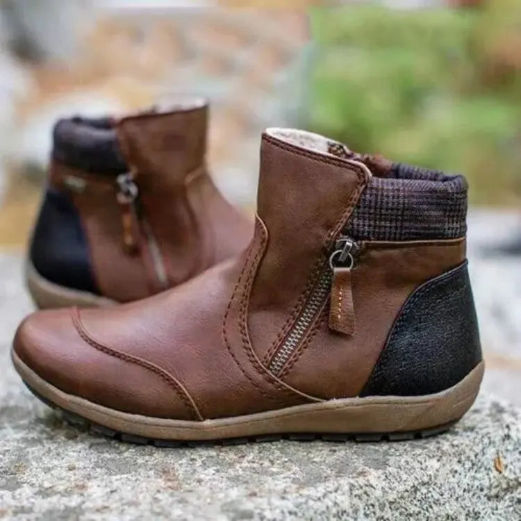 Orthopädische, wasserdichte Damenstiefel, braun, mit rutschfester Sohle und elegantem Design für Komfort und Stil.