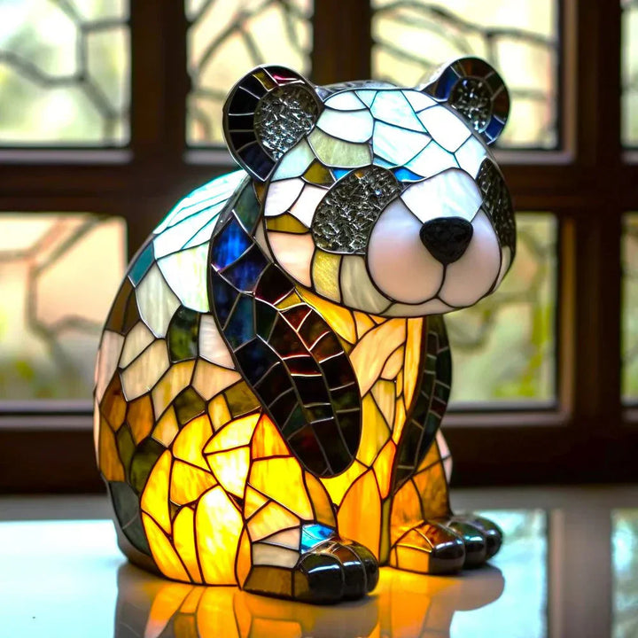 "Panda Buntglaslampe vorderseitig, künstlerische Tiermotive, lebhafte Farben, Home Decoration, VitraFauna Beleuchtung"