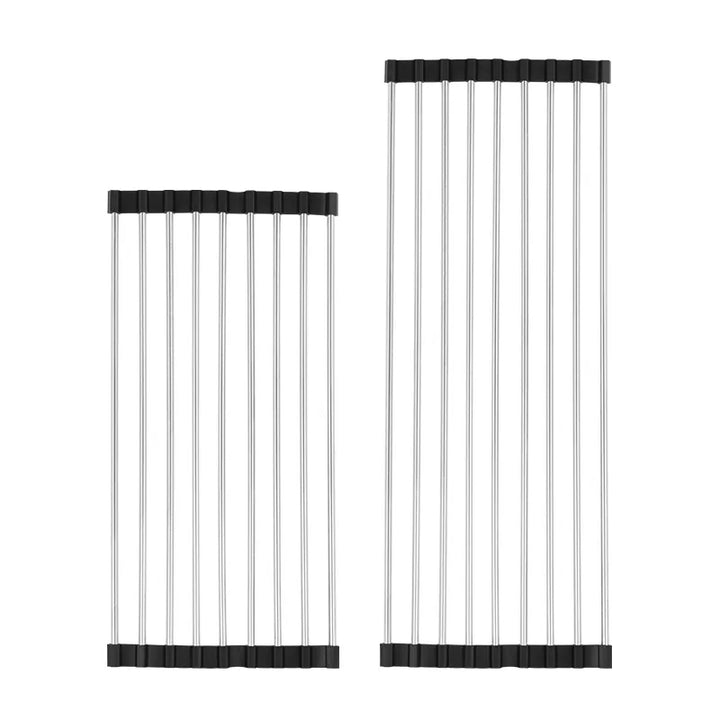 Platzsparendes Edelstahl-Abtropfgestell mit modernem Design, ideal für Küchenspülen; faltbar und multifunktional.