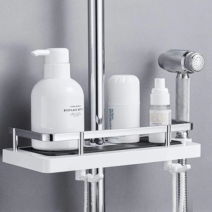 Platzsparendes, modernes Duschregal im Badezimmer; mit Shampoo, Duschgel; elegantes, wasserabweisendes Design; leicht montier