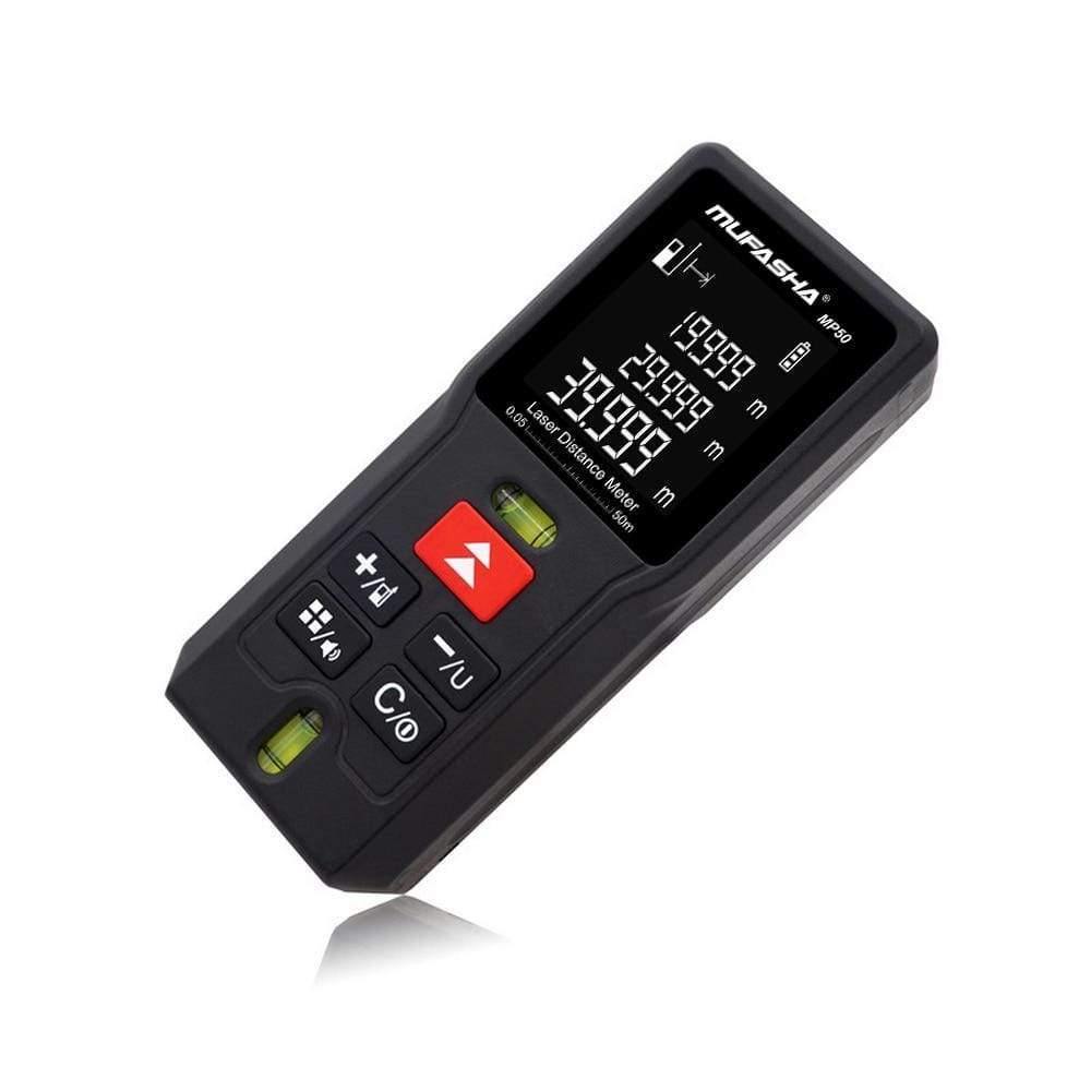 "Präziser Laserentfernungsmesser MP Serie, kompakte Größe, digitale Anzeige, Messbereich bis 100M, schwarz, orange Design."