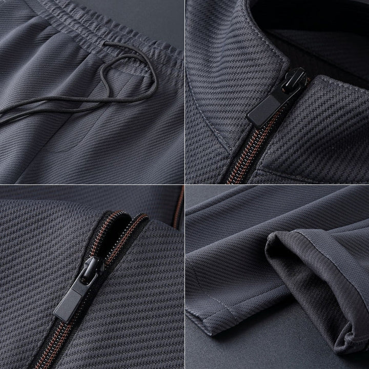 "Premium-Trainingsanzug für Männer, sportlich-elegant, aus flexibler Lycra, robust, schwarz mit detaillierten Nähten"