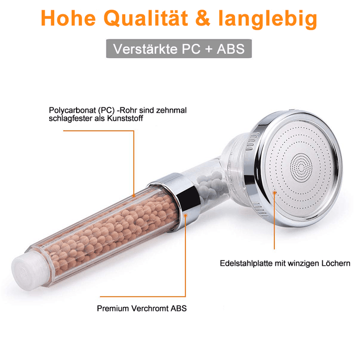 Premiun Duschkopf mit Ionenfilter, Wassersparend, elegantes Design, verbesserte Hautpflege und hohem Wasserdruck.