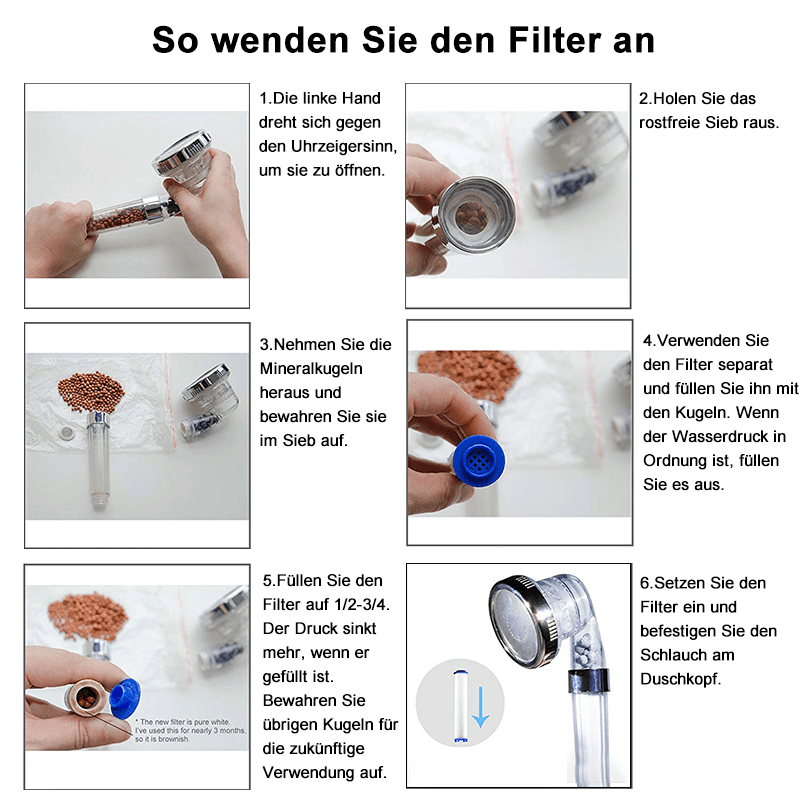 Premiun Duschkopf mit Ionenfilter, Wassersparend, elegantes Design, verbesserte Hautpflege und hohem Wasserdruck.