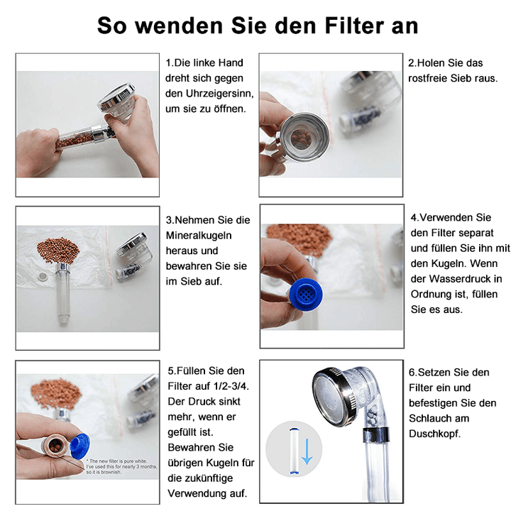 Premiun Duschkopf mit Ionenfilter, Wassersparend, elegantes Design, verbesserte Hautpflege und hohem Wasserdruck.