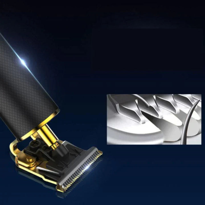 "Professioneller Haarschneider für Männer, schwarz-gold, mit T-förmiger Stahlklinge für präzise Schnitte und flexiblem Trimme