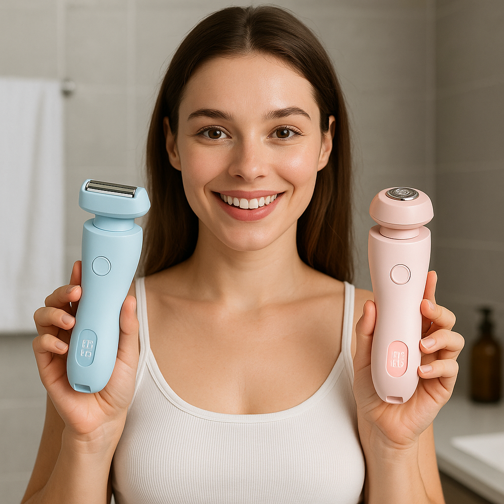 "Rasierapparat GlattPro 2.0: Sanfte Haarentfernung für empfindliche Haut in Blau und Rosa, kabellos, wasserdicht."
