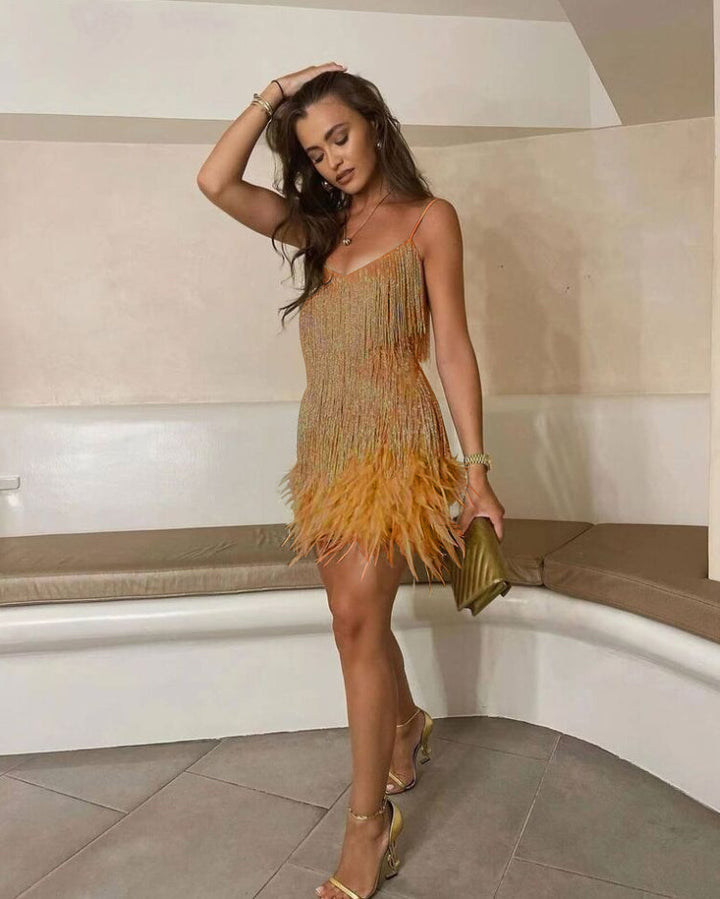 Atemberaubendes Cocktailkleid mit Pailletten und Federn