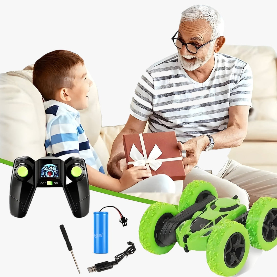 "RC-Stuntfahrzeug FlipRacer X in action, bunte Farben, 360° Spins, doppelseitig, geländetauglich, für Innen- und Außenbereich