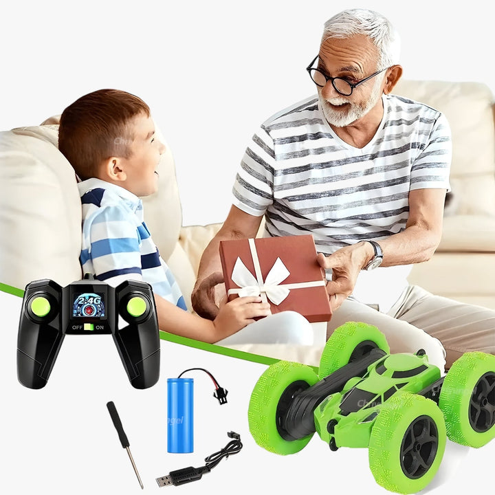 "RC-Stuntfahrzeug FlipRacer X in action, bunte Farben, 360° Spins, doppelseitig, geländetauglich, für Innen- und Außenbereich