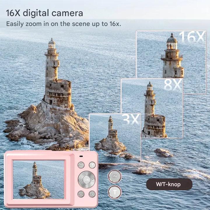 Retro Digitalkamera mit modernen Funktionen, kompakt und leicht, bietet 1080p Videoqualität und hochauflösende Fotos.