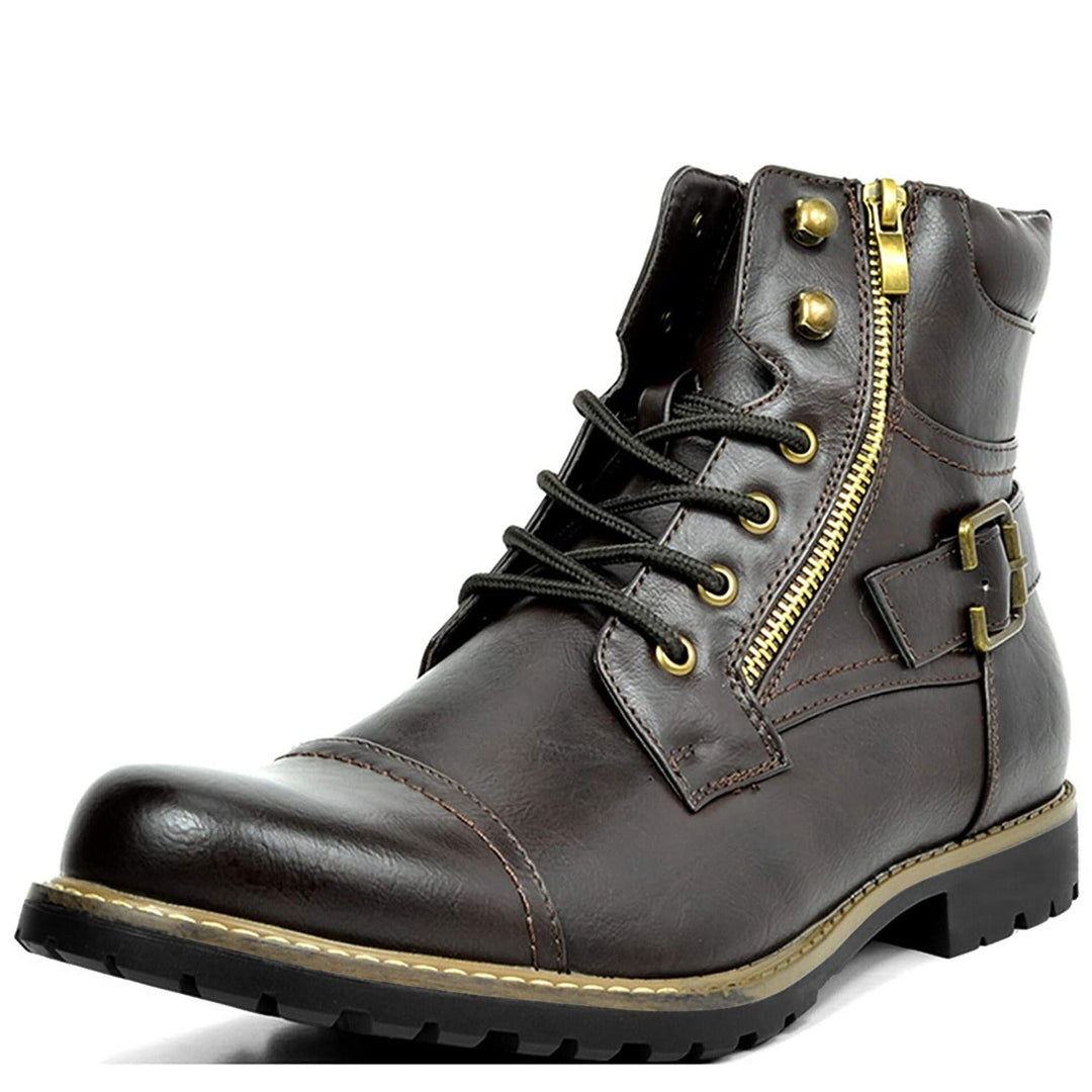 Robuste Herren-Motorradstiefel aus Echtleder, stilvoll und langlebig, ideal für Alltag und Fahrten, elegante braune Optik.