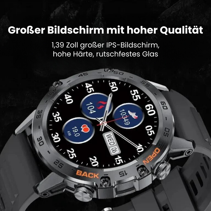 "Robuste Smartwatch mit Herzfrequenzsensor, GPS und Gorilla® Glass. Wasserdicht, langlebig, ideal für Abenteuer."