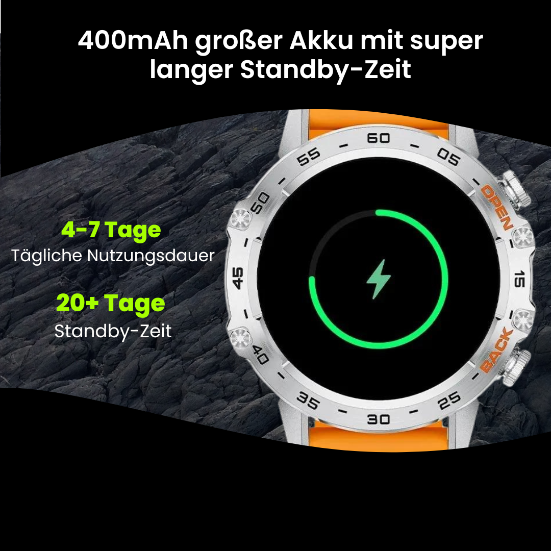 "Robuste Smartwatch mit Herzfrequenzsensor, GPS und Gorilla® Glass. Wasserdicht, langlebig, ideal für Abenteuer."