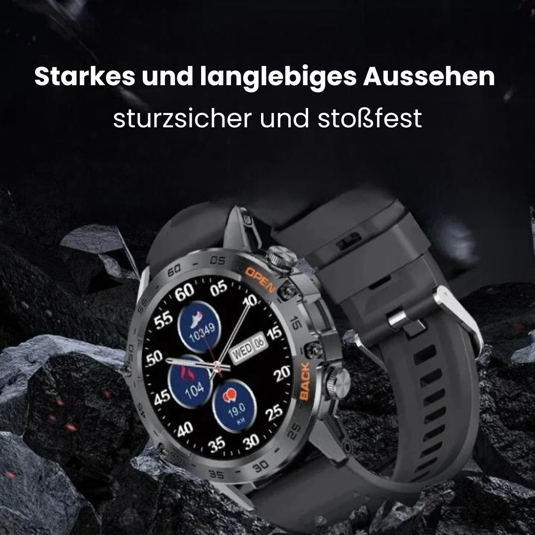 "Robuste Smartwatch mit Herzfrequenzsensor, GPS und Gorilla® Glass. Wasserdicht, langlebig, ideal für Abenteuer."