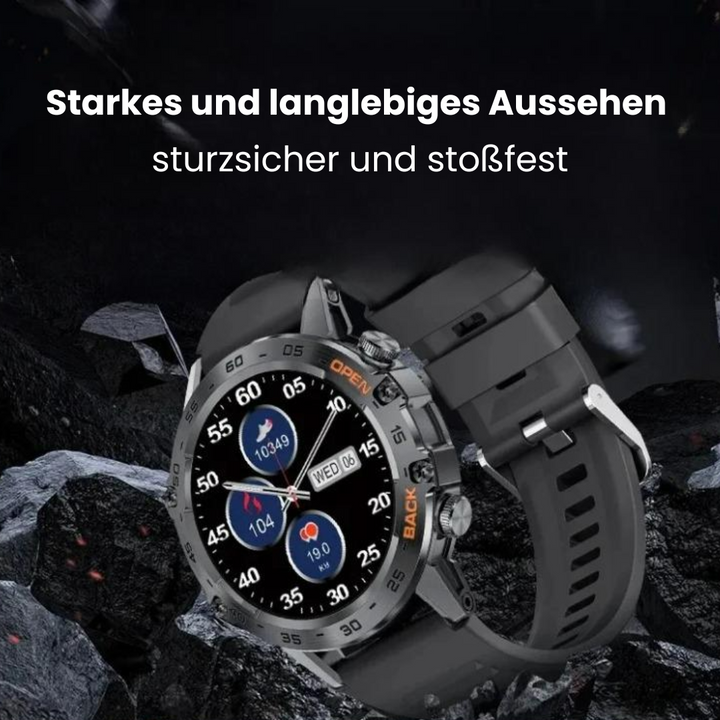 "Robuste Smartwatch mit Herzfrequenzsensor, GPS und Gorilla® Glass. Wasserdicht, langlebig, ideal für Abenteuer."