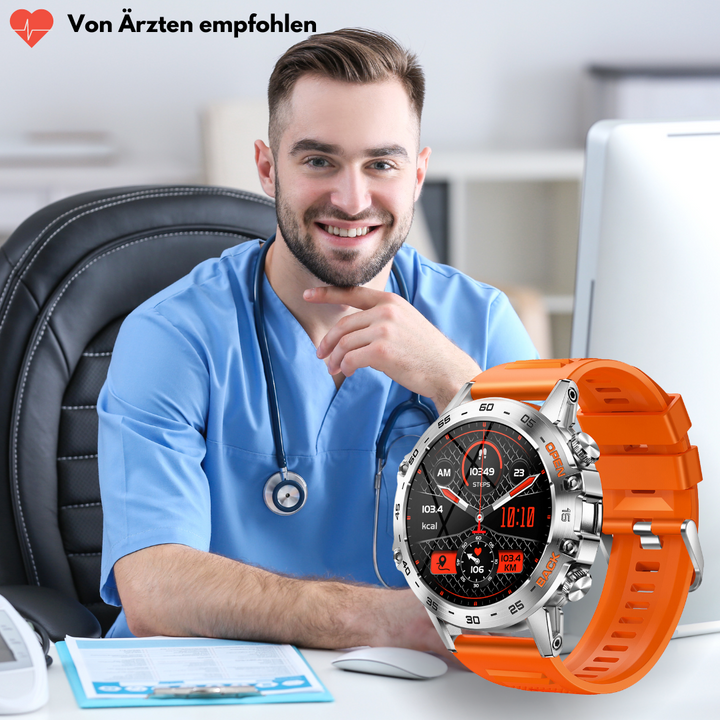 "Robuste Smartwatch mit Herzfrequenzsensor, GPS und Gorilla® Glass. Wasserdicht, langlebig, ideal für Abenteuer."