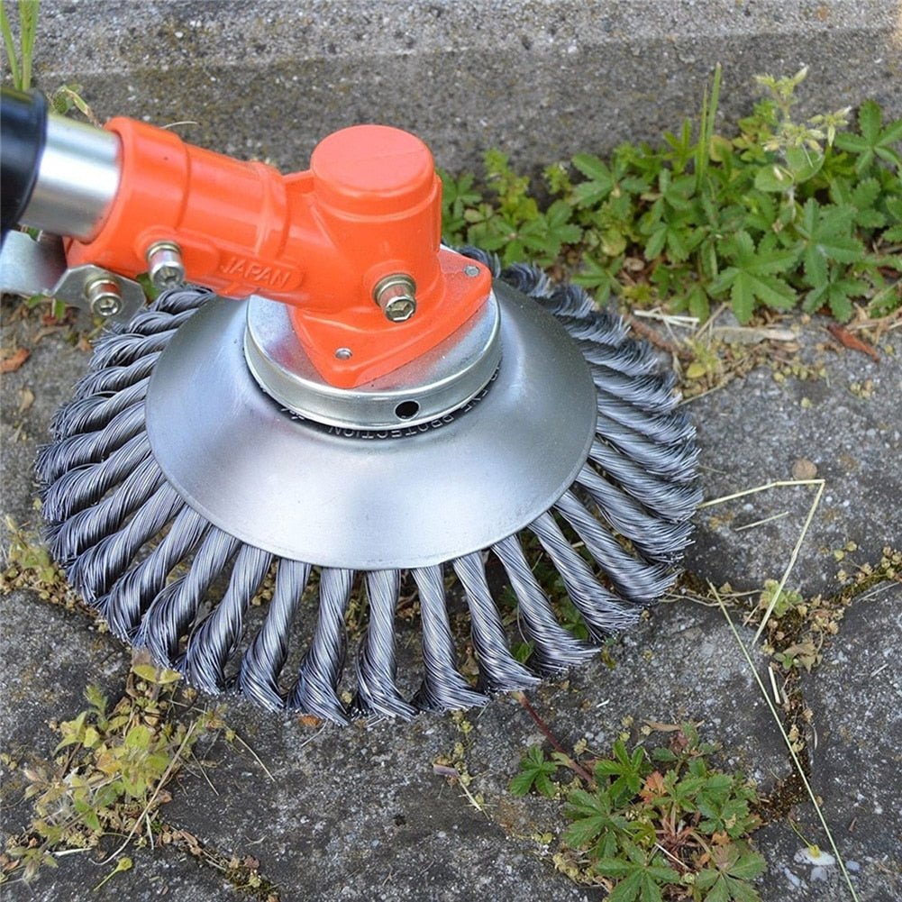 "Robuste Unkrautbürste aus Stahldraht für Trimmer zeigt Effizienz bei der Unkrautentfernung im Garten, detailreiche Ansicht."