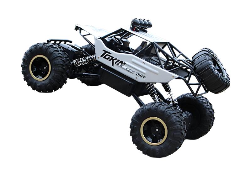 Robuster 4x4 RC-Monstertruck auf unebenem Gelände, ideal für Outdoor-Abenteuer. Kraftvoller Allradantrieb und stoßfeste Bauwe