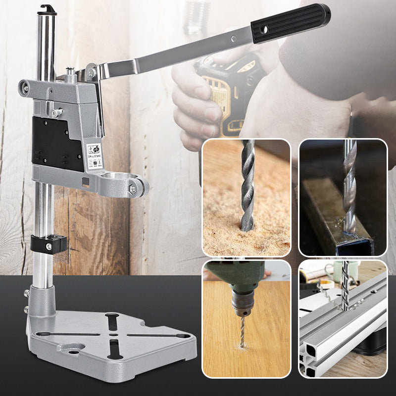 Robuster Elektrobohrständer aus Aluminium, Vorderansicht, ideal für präzises Bohren, stabil, für Heimwerker & Profis.