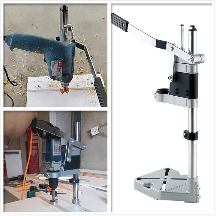 Robuster Elektrobohrständer aus Aluminium, Vorderansicht, ideal für präzises Bohren, stabil, für Heimwerker & Profis.