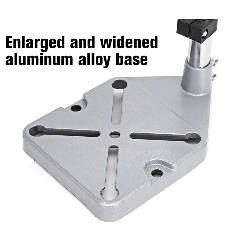 Robuster Elektrobohrständer aus Aluminium, Vorderansicht, ideal für präzises Bohren, stabil, für Heimwerker & Profis.
