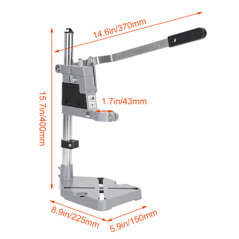 Robuster Elektrobohrständer aus Aluminium, Vorderansicht, ideal für präzises Bohren, stabil, für Heimwerker & Profis.