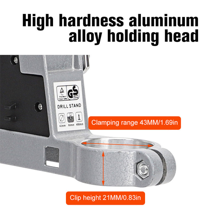 Robuster Elektrobohrständer aus Aluminium, Vorderansicht, ideal für präzises Bohren, stabil, für Heimwerker & Profis.