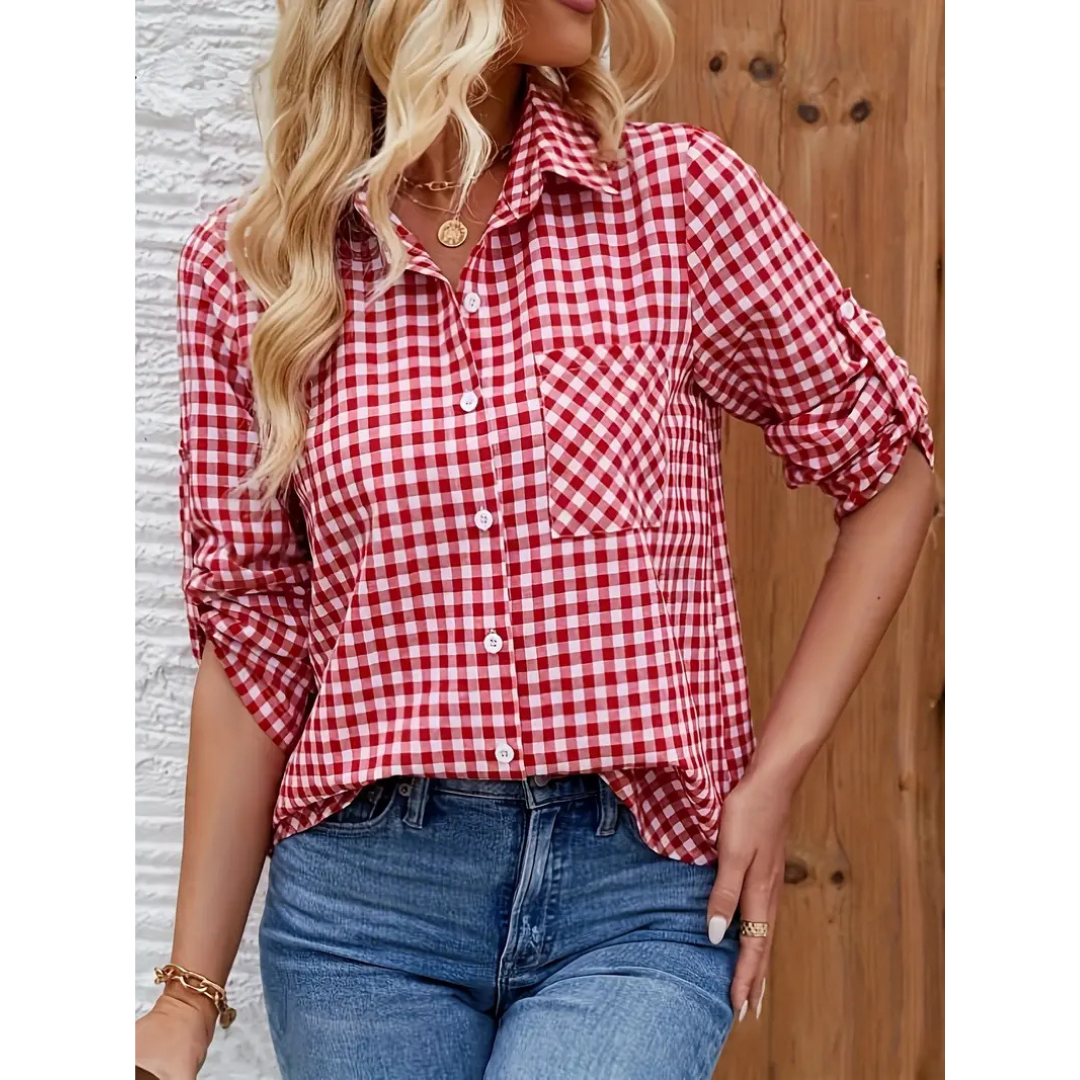 "Rotes lässiges Damen-Button-Down-Hemd mit lockerer Passform, elegantes Freizeitdesign, perfekt für Alltag."