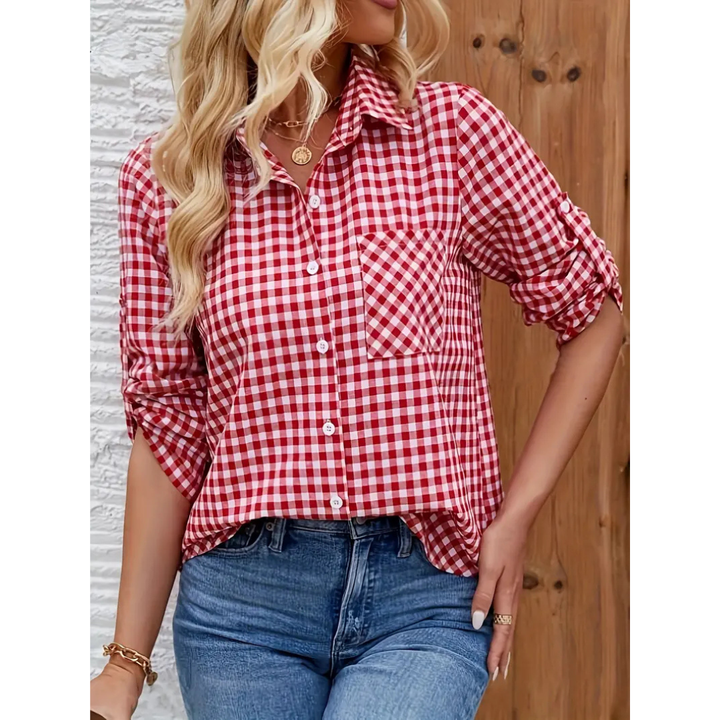 "Rotes lässiges Damen-Button-Down-Hemd mit lockerer Passform, elegantes Freizeitdesign, perfekt für Alltag."