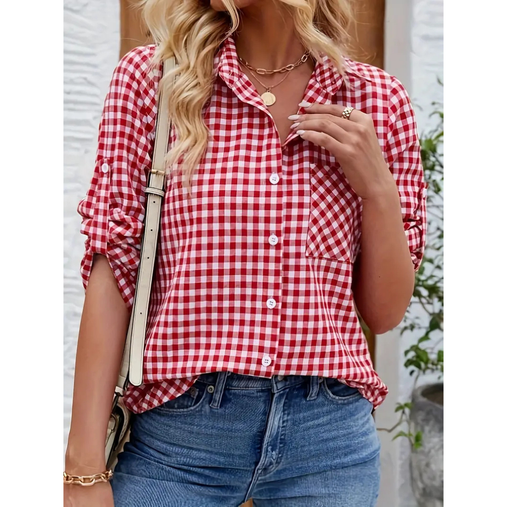 "Rotes lässiges Damen-Button-Down-Hemd mit lockerer Passform, elegantes Freizeitdesign, perfekt für Alltag."