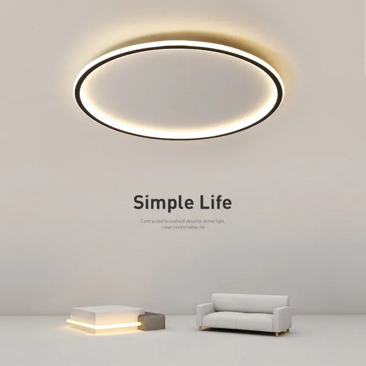 Runde skandinavische LED-Deckenleuchte, minimalistisches Design, warmes Licht, ideal für Wohnzimmer oder Schlafzimmer.