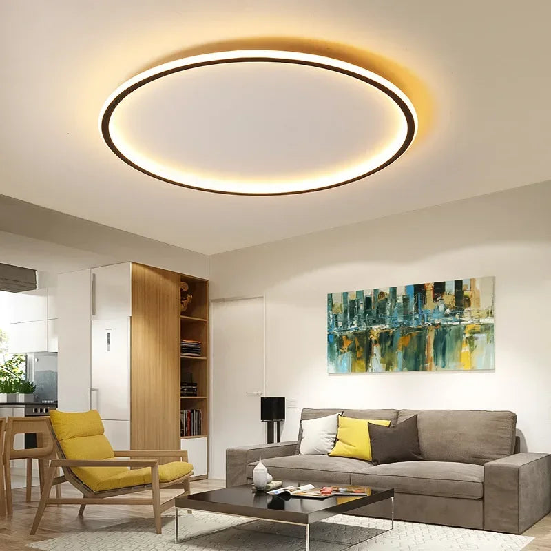 Runde skandinavische LED-Deckenleuchte, minimalistisches Design, warmes Licht, ideal für Wohnzimmer oder Schlafzimmer.