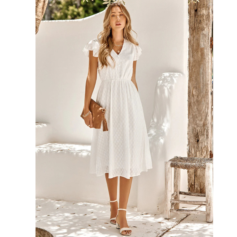 Rüschen Midi Sommerkleid Damen, V-Ausschnitt, A-Linie, fließende Rüschenärmel, femininer, legerer Stil für warme Tage.