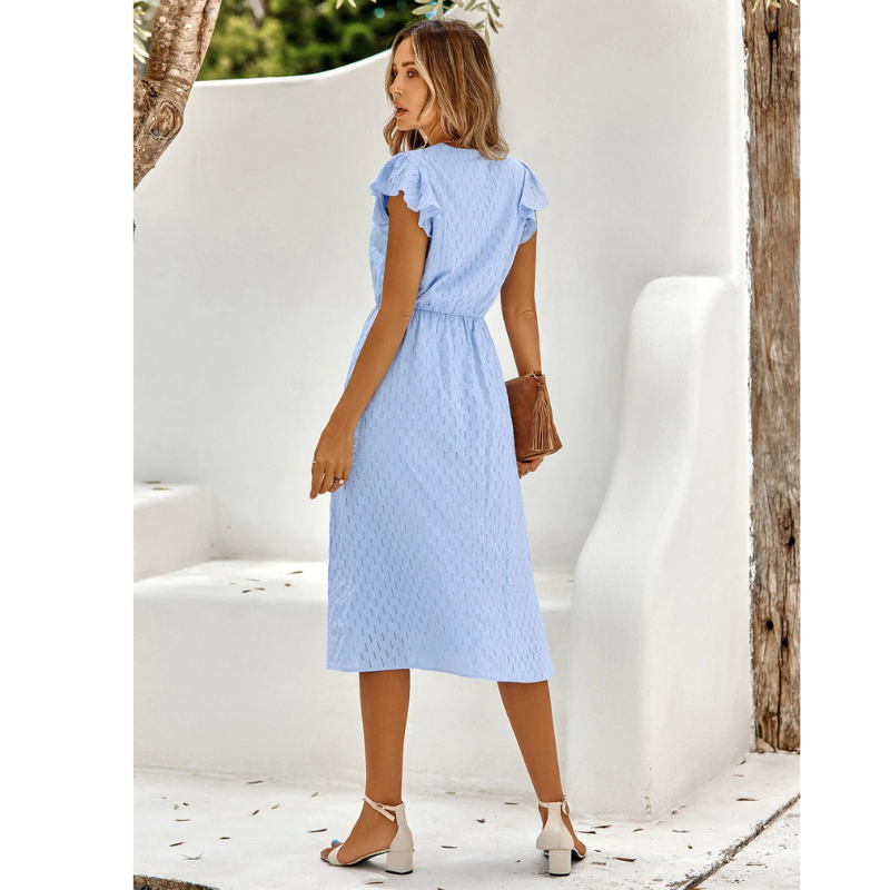 Rüschen Midi Sommerkleid Damen, V-Ausschnitt, A-Linie, fließende Rüschenärmel, femininer, legerer Stil für warme Tage.