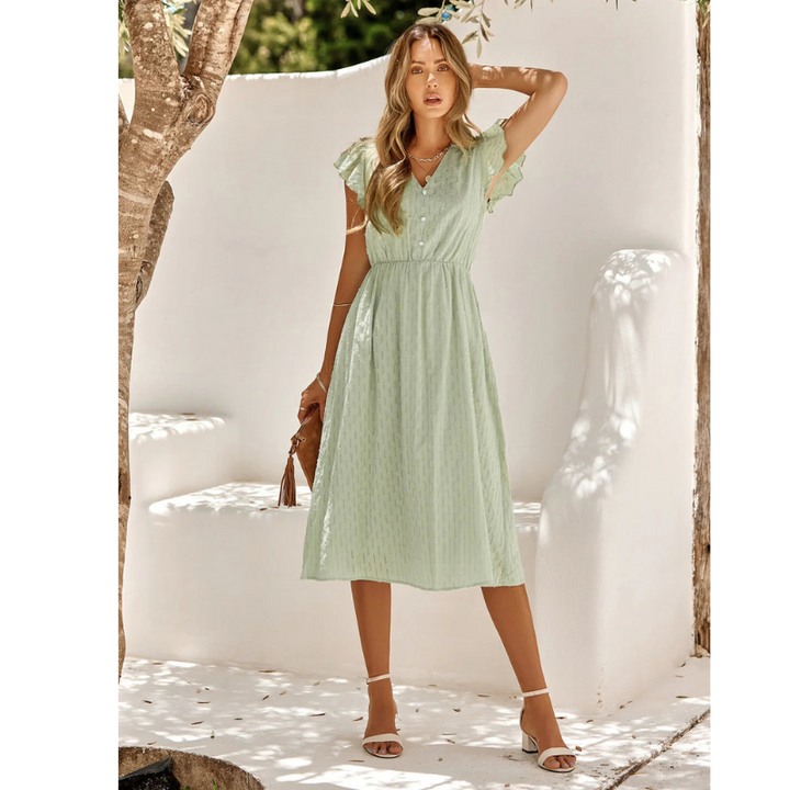 Rüschen Midi Sommerkleid Damen, V-Ausschnitt, A-Linie, fließende Rüschenärmel, femininer, legerer Stil für warme Tage.